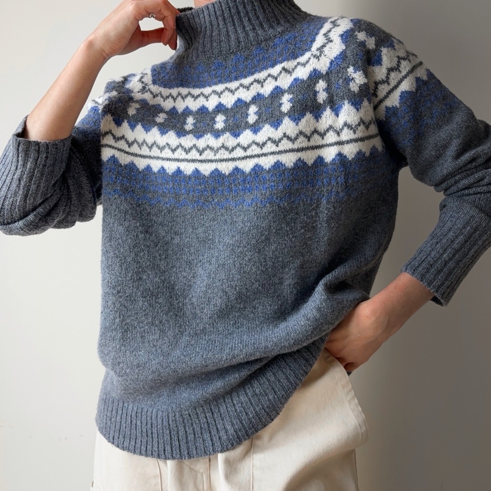 Fair isle pattern knit mock neck oversized sweater